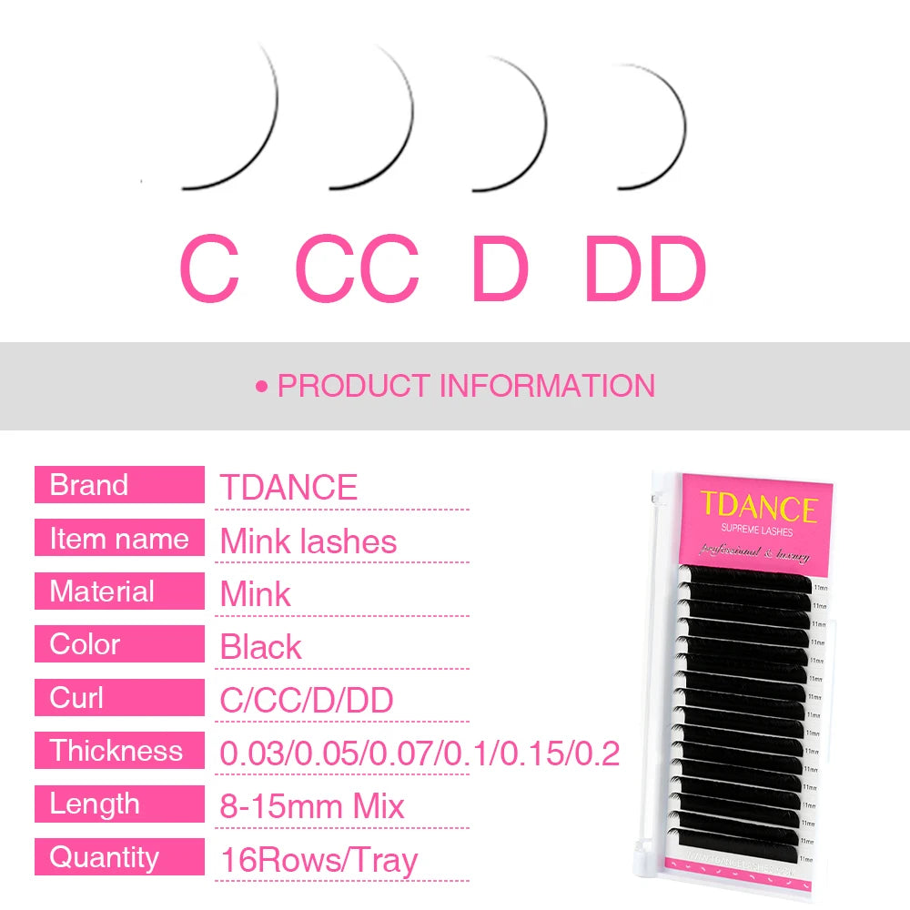 TDANCE Eyelash Extension 16Rows Korea PBT C/CC/D/DD Individual Supplies Professional Natural Faux Mink Russian Volume Eyelashes